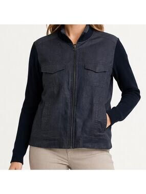 Lola Sophie Waxed Linen Jacket Women size XL Dark Blue Full Zip Minimalist